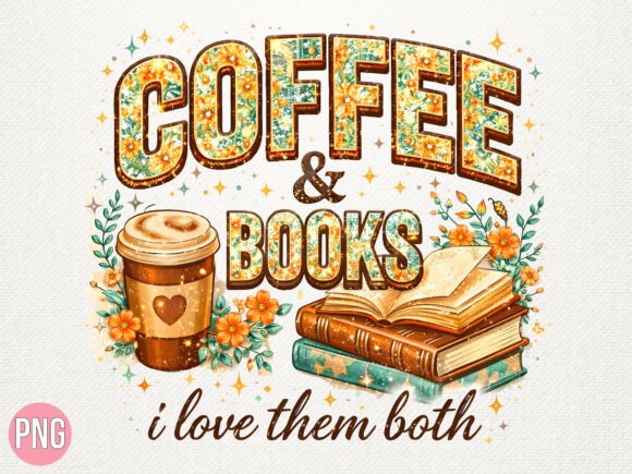 Elevate Projects with Coffee and Books Floral Design PNG